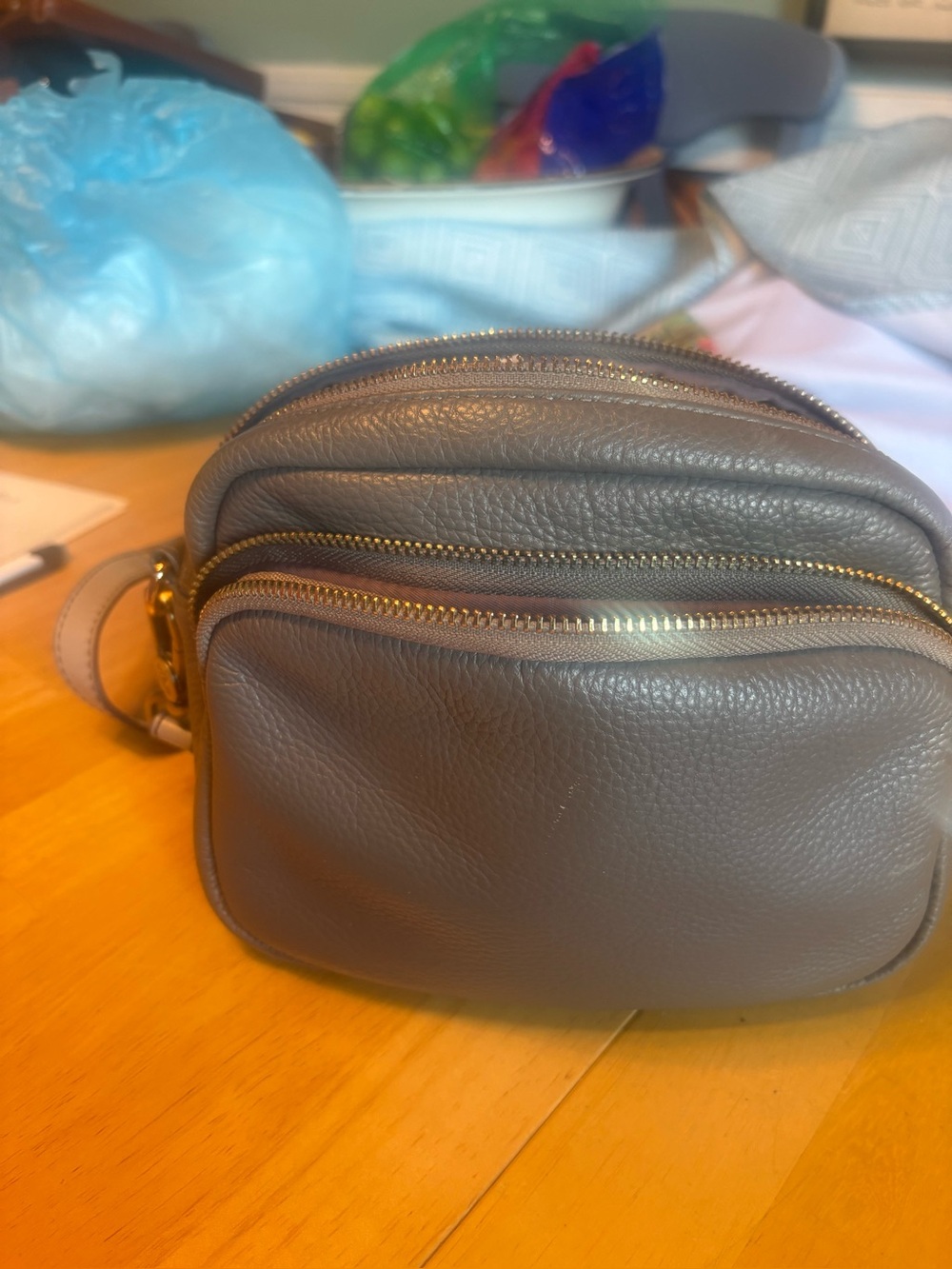 PomPom London Gray Leather Strap Bag with Gold Logo Hardware